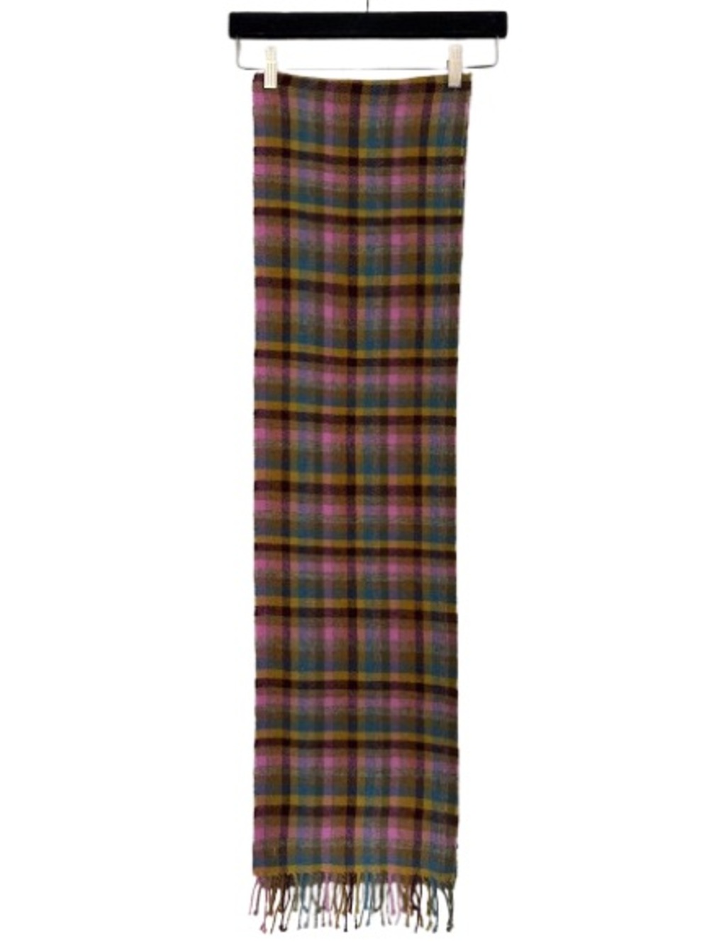 Vintage McNutt Lambswool Plaid Fringe Trim Scarf Purple Yellow Blue Fall Winter